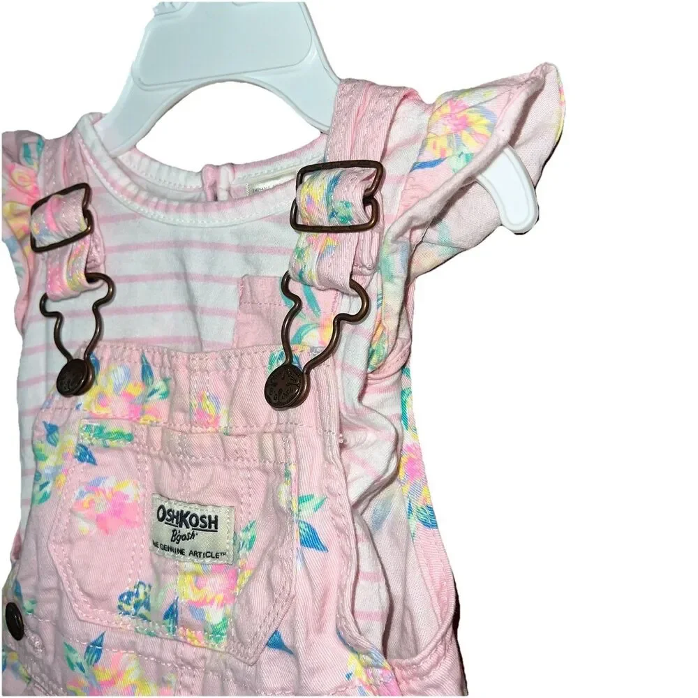 OshKosh B'gosh Baby Pink Floral Matching Set Size 3 Months Shortalls Snaps